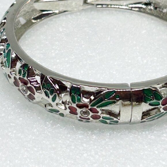 Hinged Bangle Bracelet w Green & Red Enamel Floral Accents & Clear Crystals - Picture 5 of 7